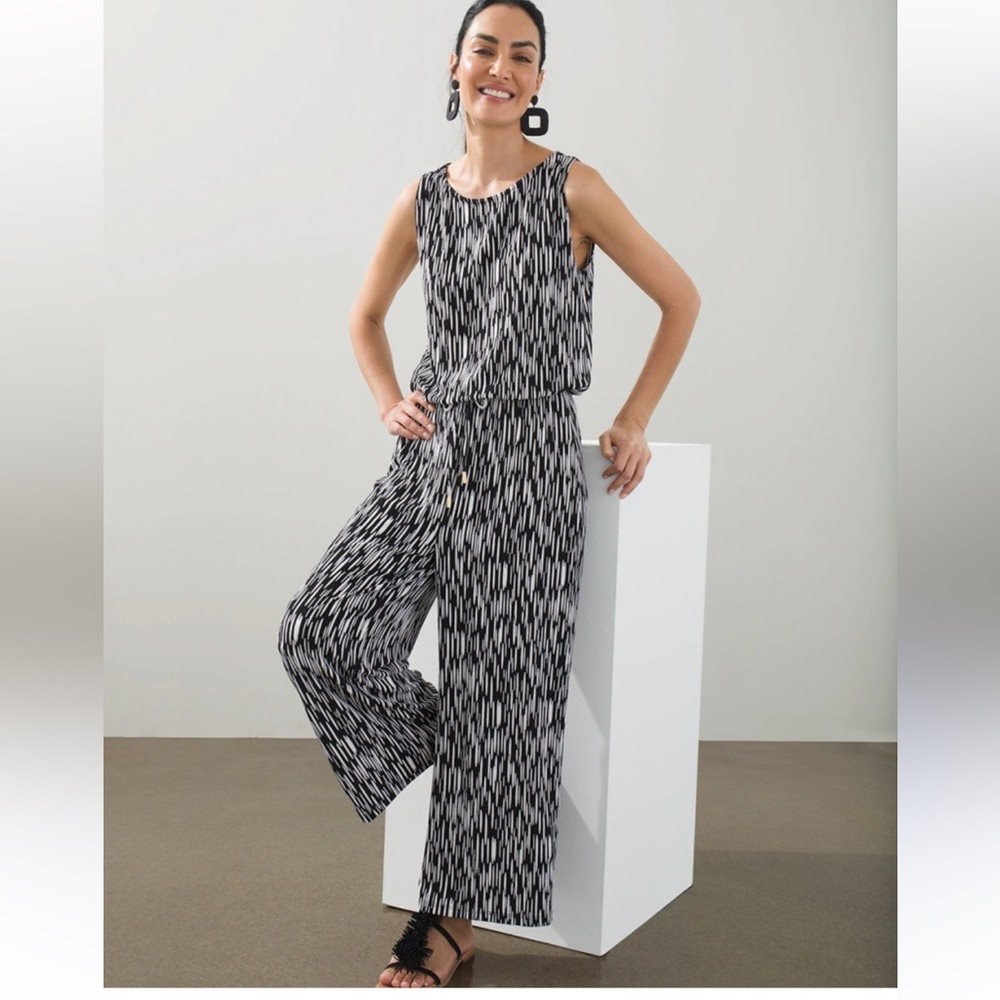 Chico's Traveler’s Black and White Abstract Print Tie Waist Jumpsuit Sz. 2 12/14